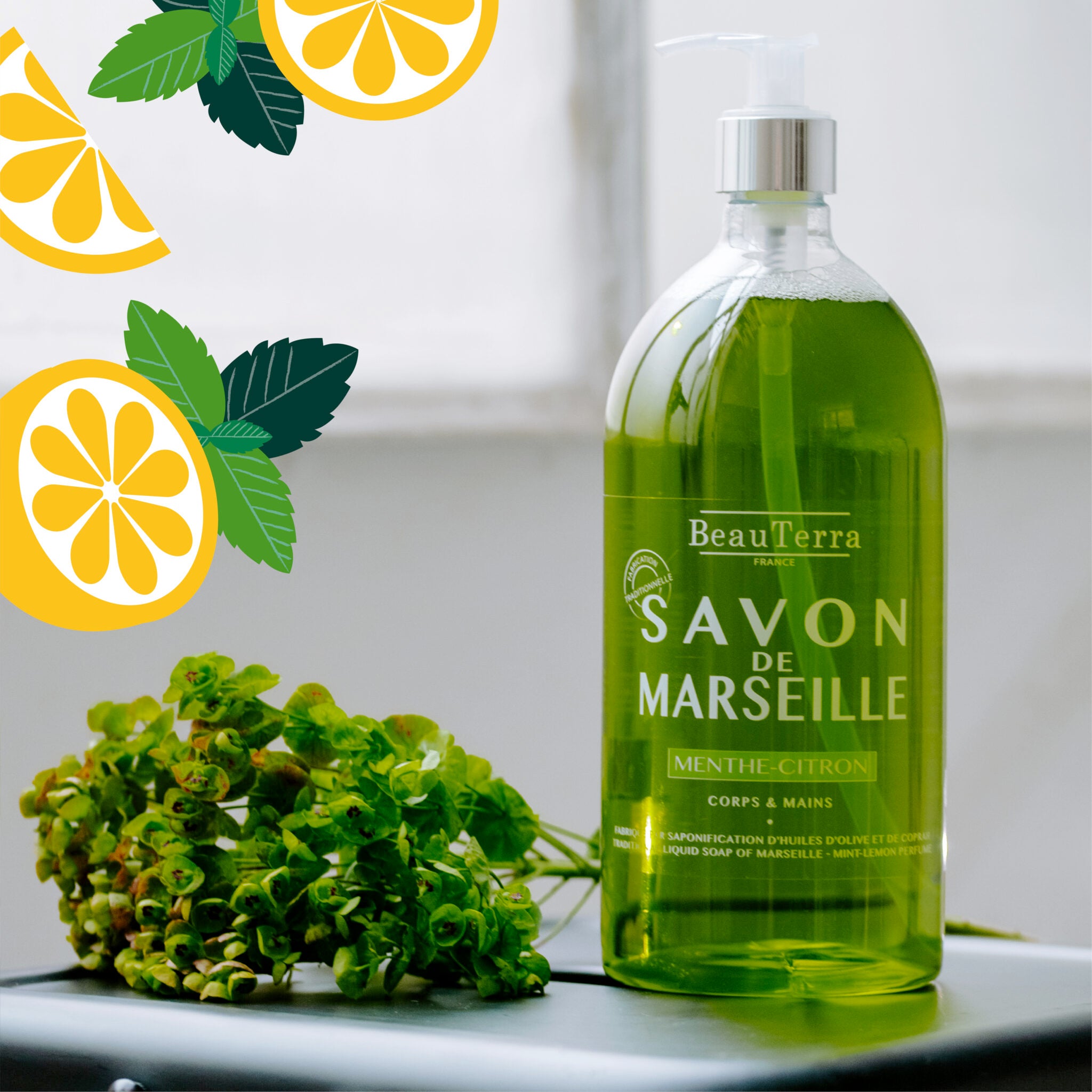 Beauterra PEPPERMINT-LEMON MARSEILLE LIQUID SOAP 1L